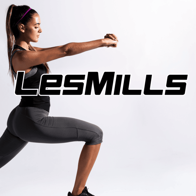 A woman doing a squat with the words lesmills.