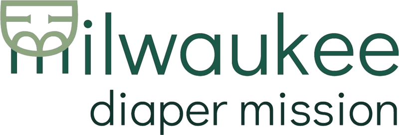 Milwaukee Diaper Mission logo with green text and a stylized shield icon above the letter ‘m’.