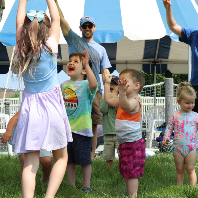 A blue and white striped tent.