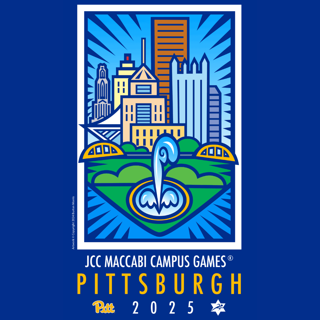 Colorful illustration of Pittsburgh skyline with bridges and fountain for the JCC Maccabi Campus Games 2025.