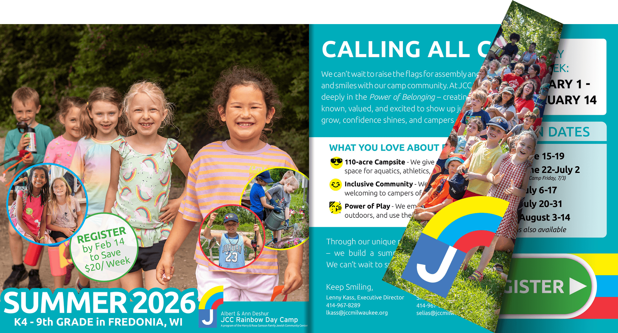 Children smile and walk outdoors in colorful clothing at a summer camp; inset images show kids playing and holding a turtle. Text highlights registration details for a 2026 camp in Fredonia, WI.