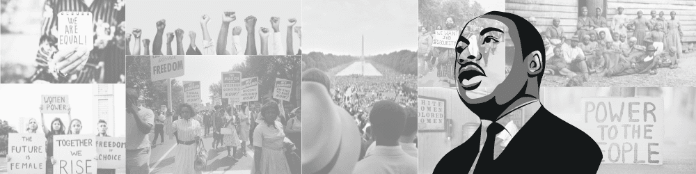 Black and white collage of civil rights imagery with a central illustration of a person looking upward.