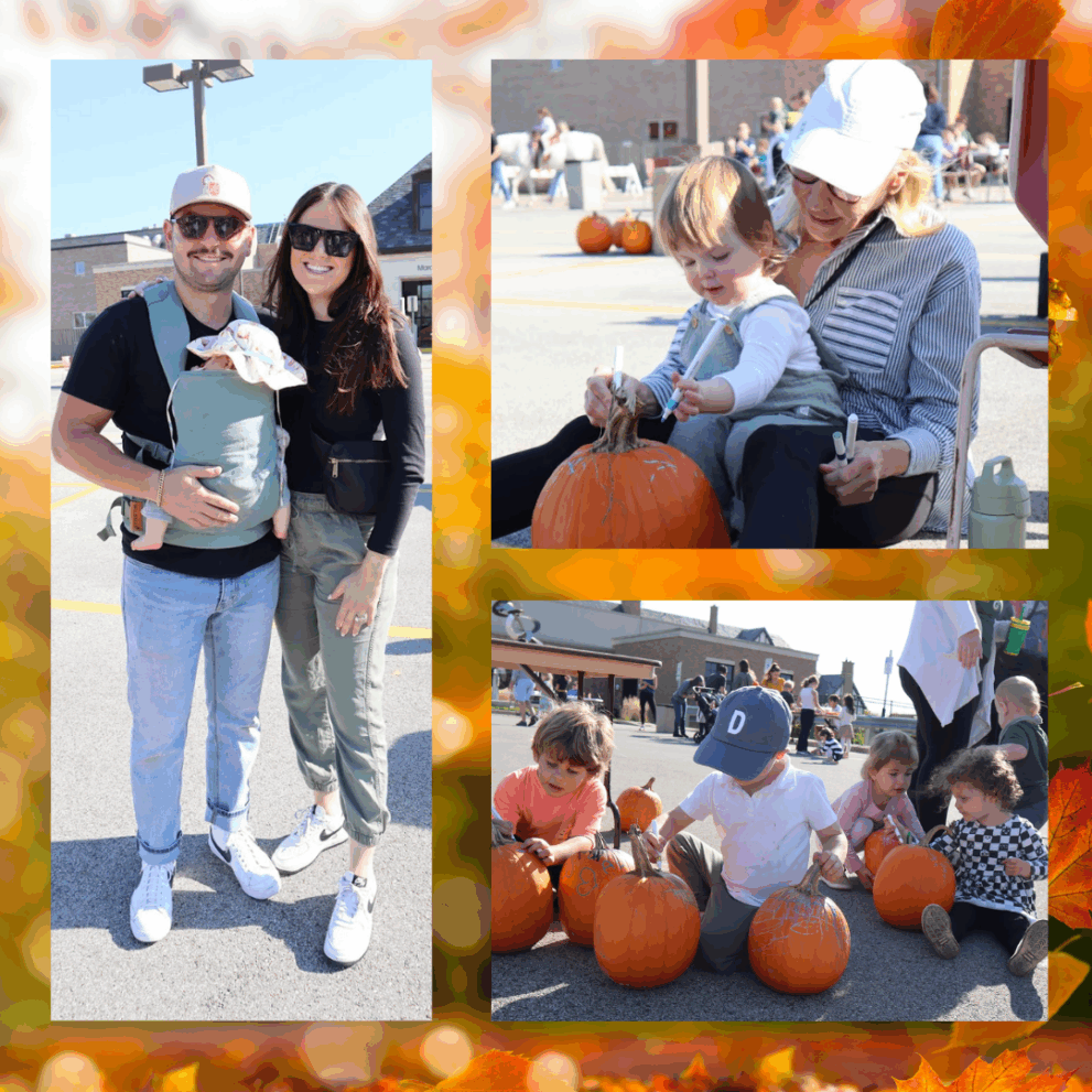 A family stands together outdoors, while children sit and carve pumpkins at tables during a sunny fall event.