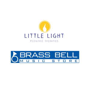 Logos for Little Light Pediatric Therapies with a yellow flame icon and Brass Bell Music Store with a blue musical note graphic.