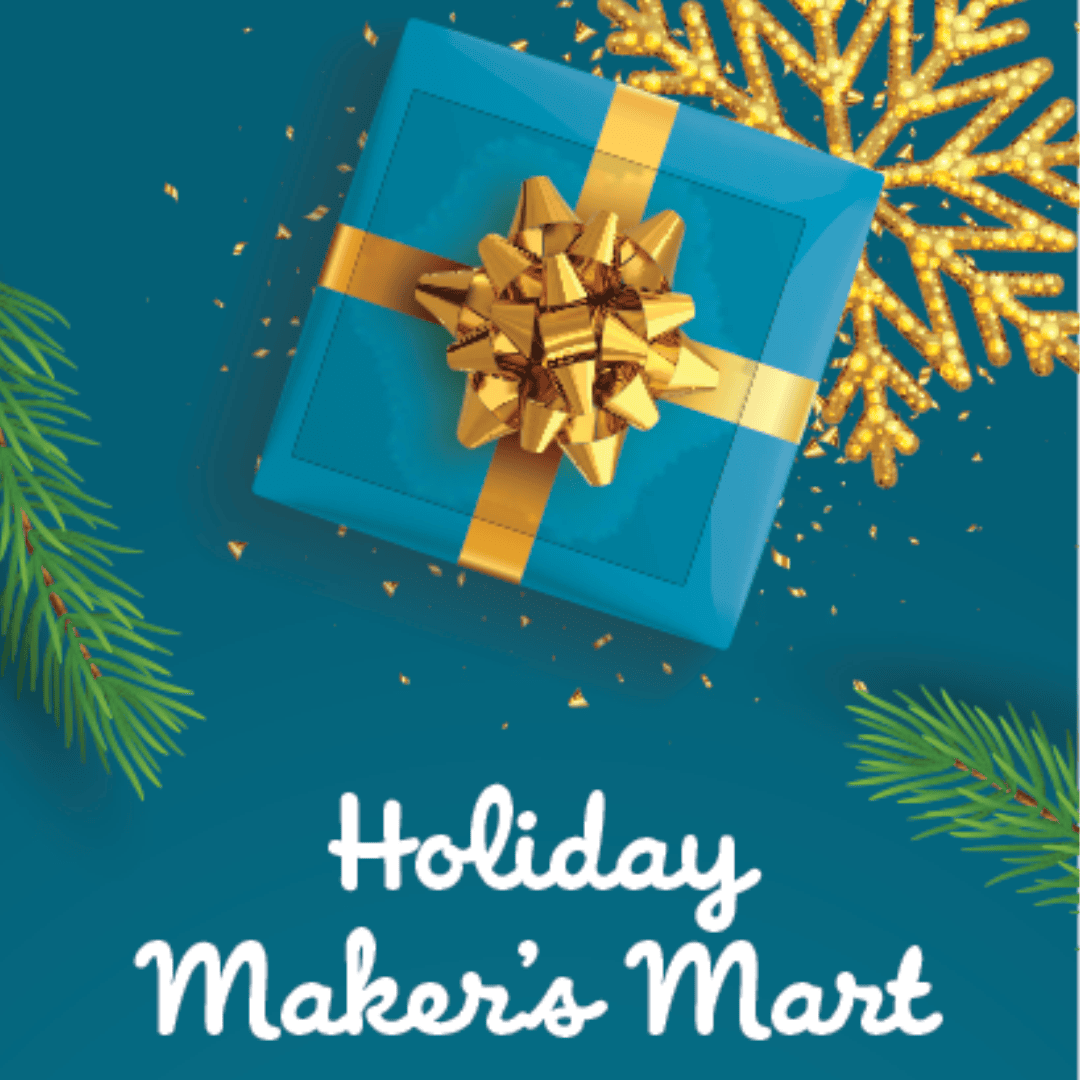A blue gift box with a gold ribbon and bow, a gold snowflake, and pine branches on a blue background with the text “Holiday Maker’s Mart.”.