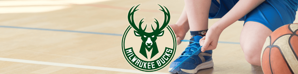 A person in blue sportswear ties their shoe on a basketball court, with a Milwaukee Bucks logo overlaid in the foreground.