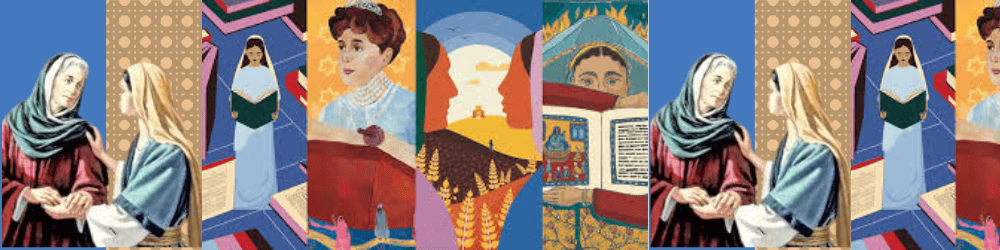 A collage of illustrated women reading books, wearing varied historical clothing, against a patterned background with symbols of wheat, fire, and the sun.