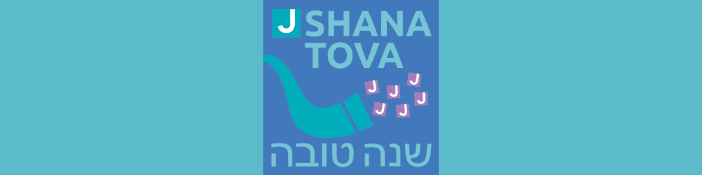 A blue square with a shofar, the phrase "Shana Tova" in English and Hebrew, and several small "J" letters on a blue background.
