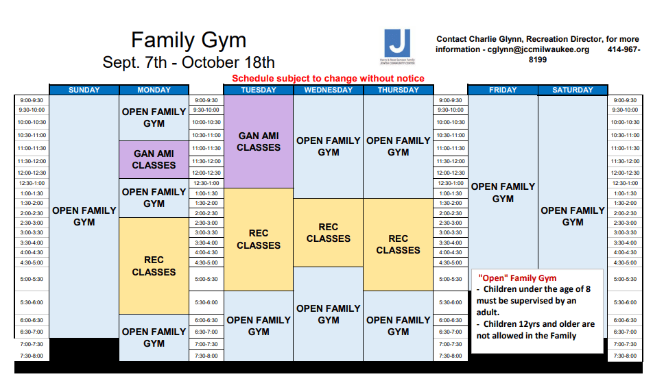 Weekly schedule for Family Gym from Sept. 7th to Oct. 18th, showing time slots for open gym, GAN AMI classes, and rec classes for each weekday.