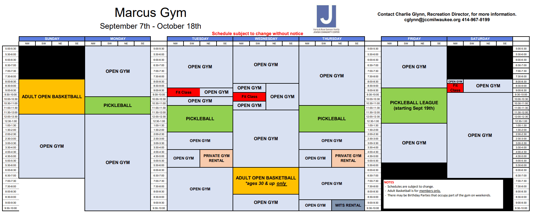 Marcus Gym weekly schedule from September 7 to October 18, showing time blocks for open gym, adult open basketball, pickleball, leagues, and private events.