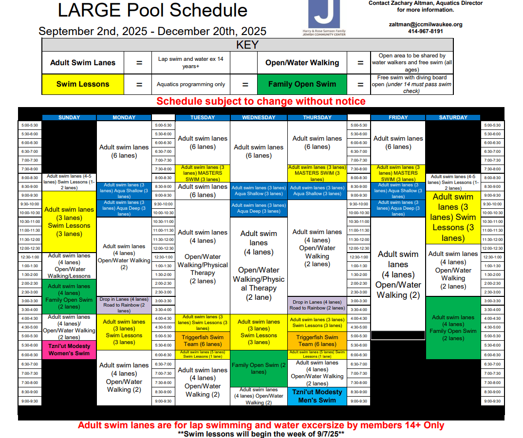 Large pool schedule for September 2 to December 20, 2025, showing adult swim lanes, open/water walking, swim lessons, and family open swim by day and time, color-coded by activity.