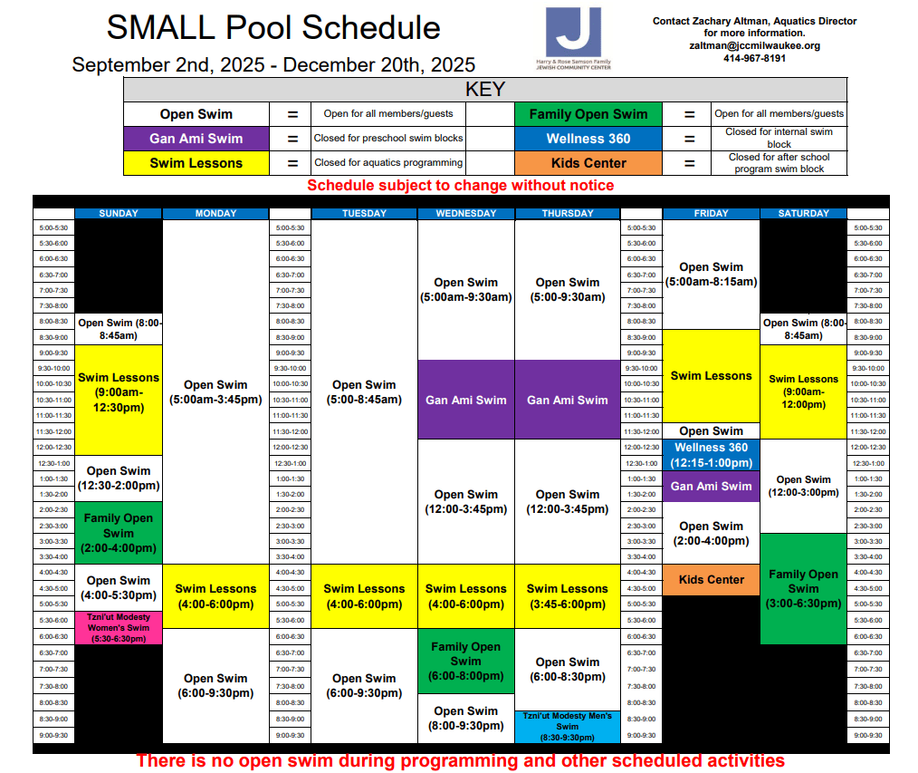 Weekly schedule for a small pool showing color-coded time blocks for open swim, lessons, kids center, Gan Ami swim, and wellness, with a note about open swim restrictions.