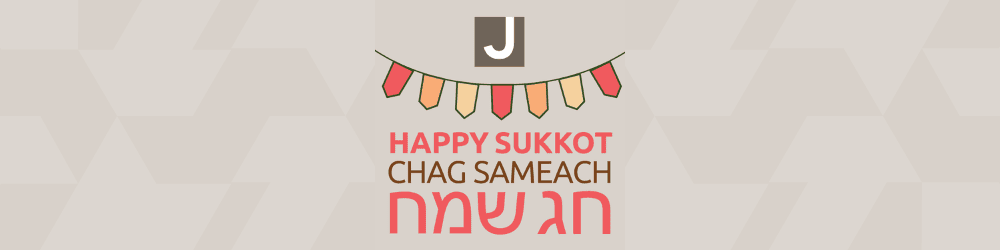 Banner with a J logo, festive garland, and text: “Happy Sukkot, Chag Sameach” in English and Hebrew on a geometric beige background.