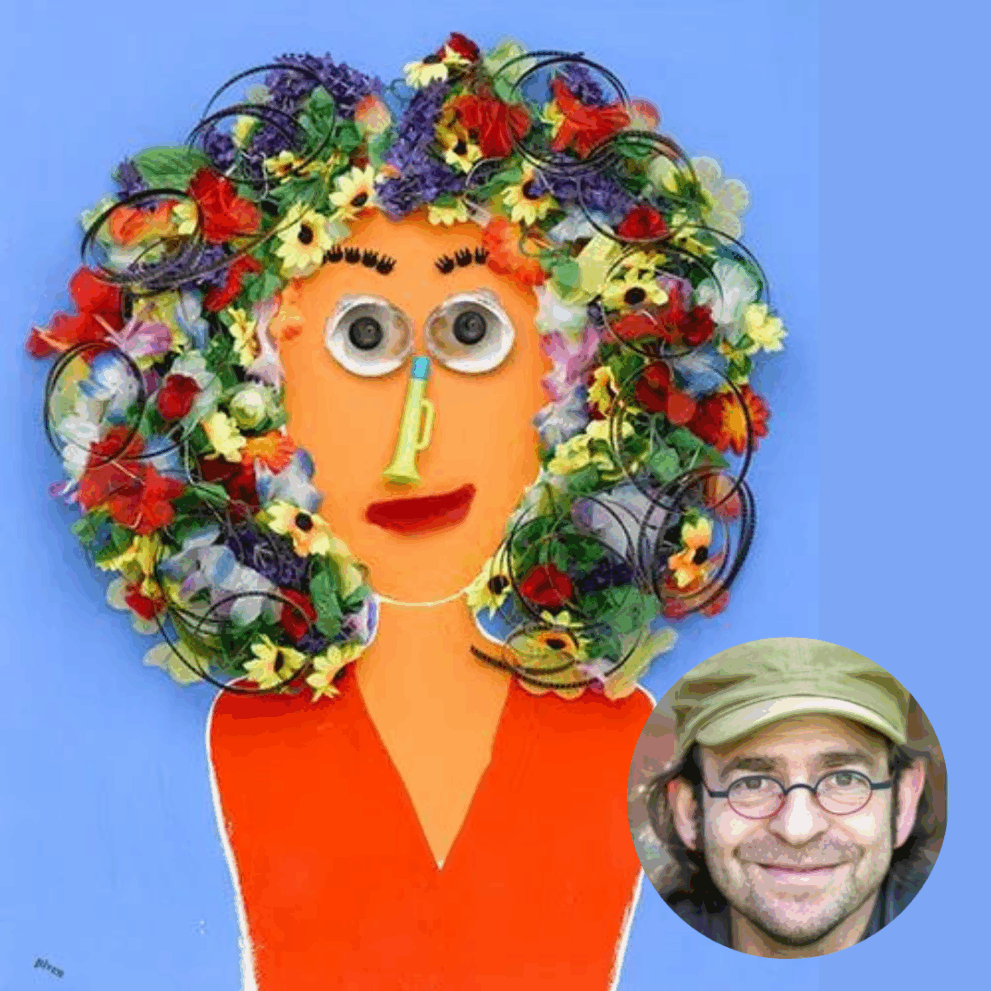 A colorful collage portrait of a person with curly hair made of flowers and plastic items, next to a small photo of a man wearing glasses and a green cap, smiling at the camera.
