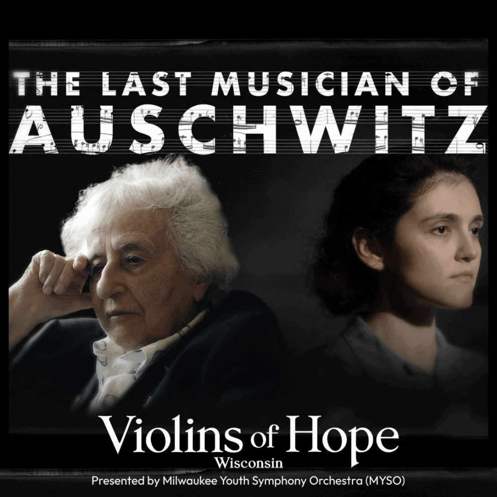An older man and a younger woman sit side by side, looking thoughtful, under a banner reading “The Last Musician of Auschwitz—Violins of Hope Wisconsin.”.