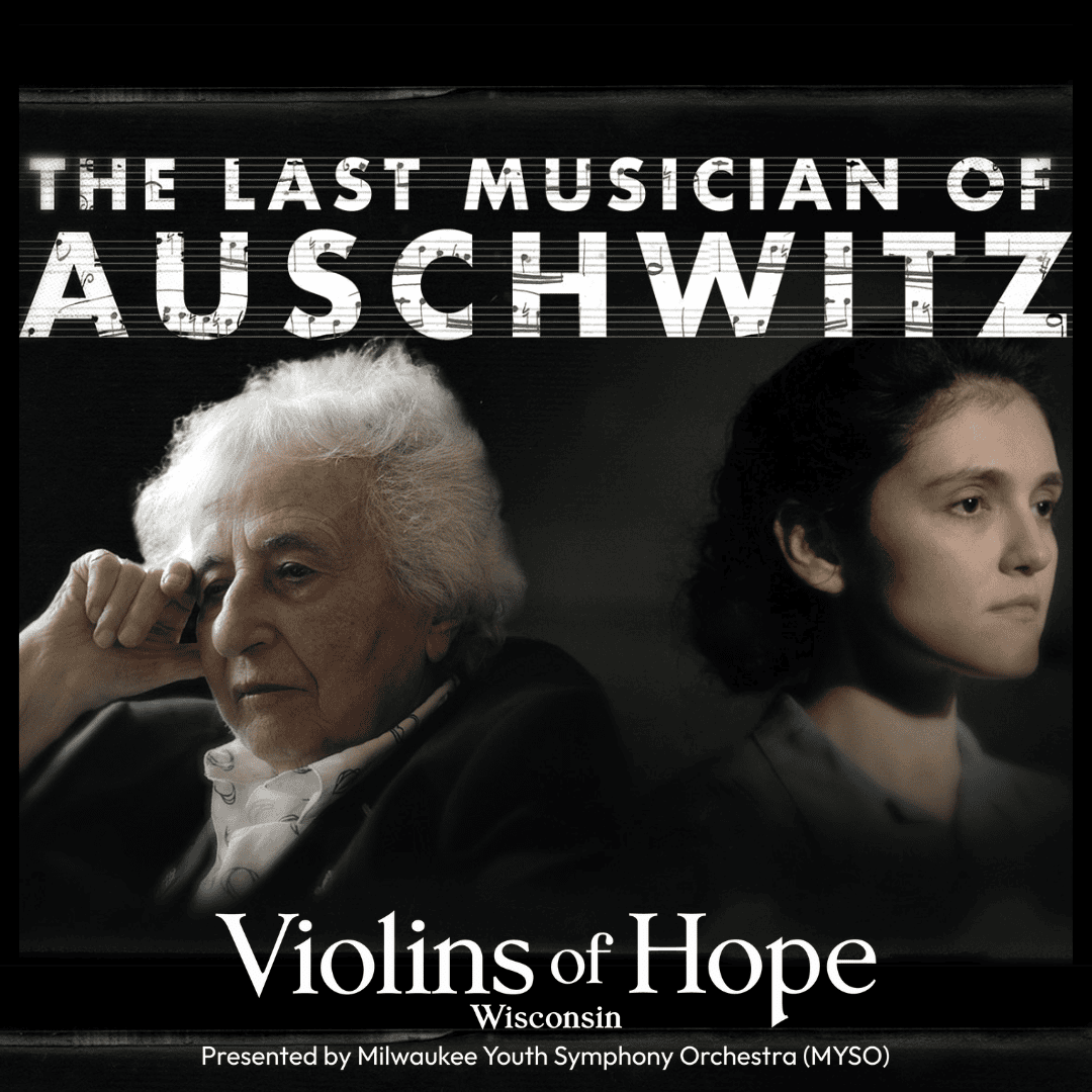 An older man and a younger woman sit side by side, looking thoughtful, under a banner reading “The Last Musician of Auschwitz—Violins of Hope Wisconsin.”.
