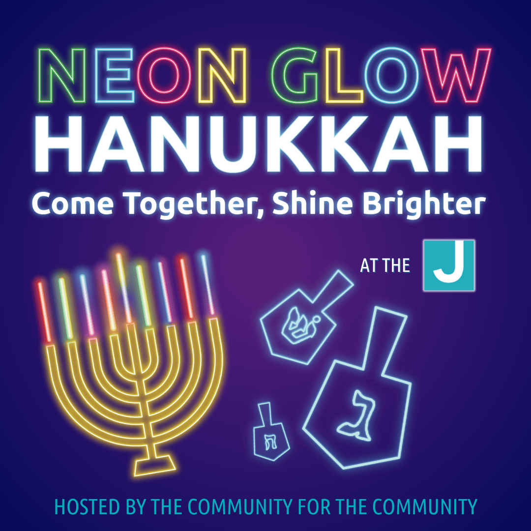 Neon sign for a Hanukkah event features a menorah, dreidels, gelt, and the JCC logo, with the text "Neon Glow Hanukkah: Come Together, Shine Brighter.