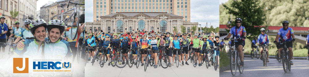 A large group of cyclists pose together at an outdoor event, with people smiling and riding bikes, and the HERCU logo in the corner.
