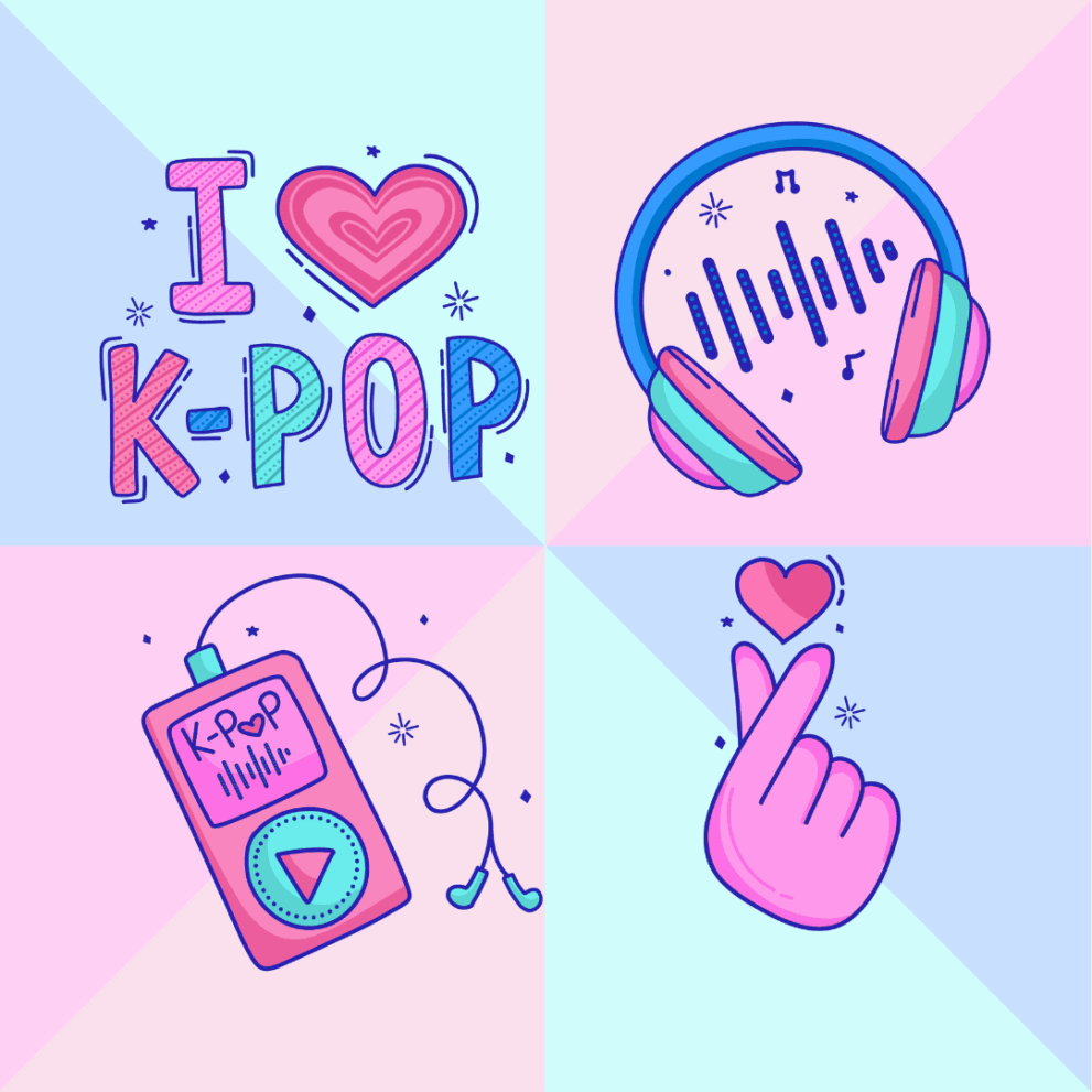 Colorful illustration with "I love K-pop" text, headphones, an MP3 player labeled "K-pop," and a hand making a finger heart gesture.