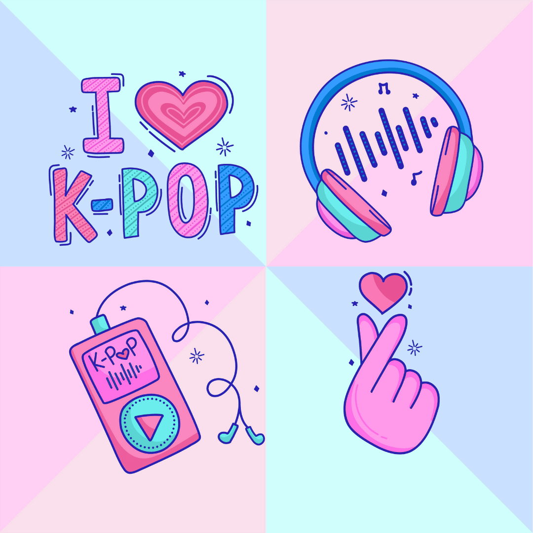 Colorful illustration with "I love K-pop" text, headphones, an MP3 player labeled "K-pop," and a hand making a finger heart gesture.