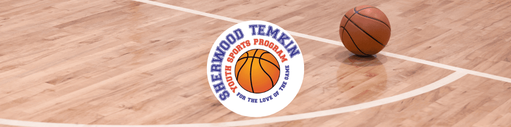 A basketball rests on a wooden court; overlaid is a circular logo reading "Sherwood Temkin Youth Sports Program For the Love of the Game" with a basketball graphic.