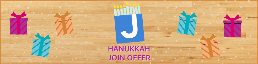 Blue gift box with a white “J” and menorah on top, surrounded by colorful presents, with text reading "Hanukkah Join Offer" on a wooden background.