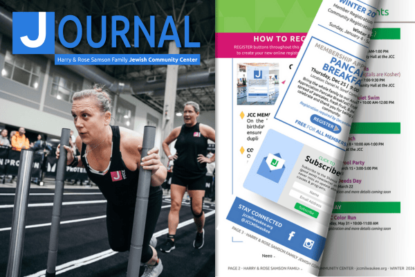 A woman pushes a weighted sled in a gym while another woman follows; a magazine page overlays the image with registration and event information.