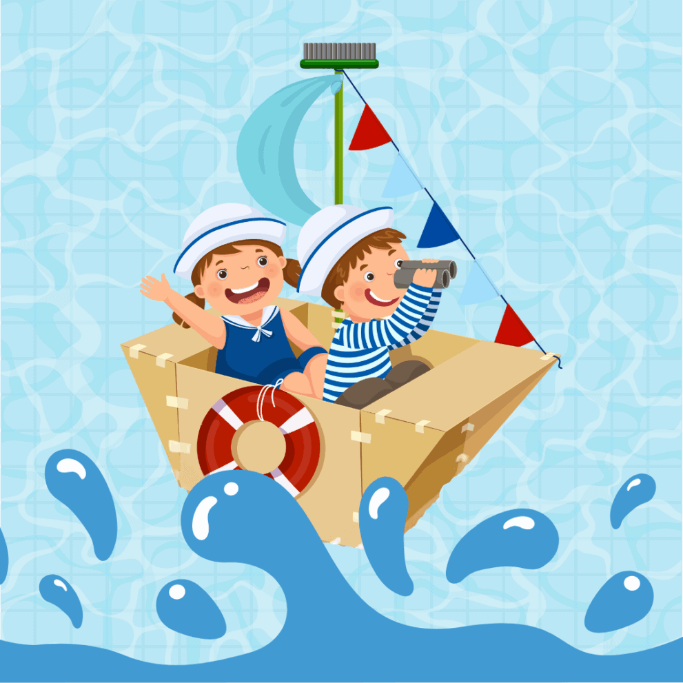 Two children in sailor outfits sit in a cardboard boat with a life preserver, one waving and the other looking through binoculars, against a water-themed background.