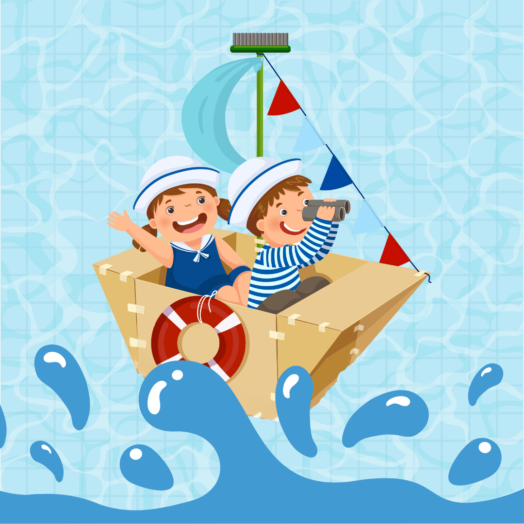 Two children in sailor outfits sit in a cardboard boat with a life preserver, one waving and the other looking through binoculars, against a water-themed background.