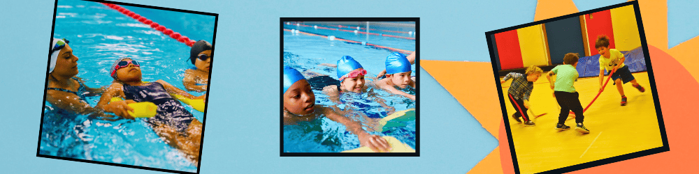 Three images show children swimming with kickboards in a pool and a group of kids playing a floor hockey game indoors.
