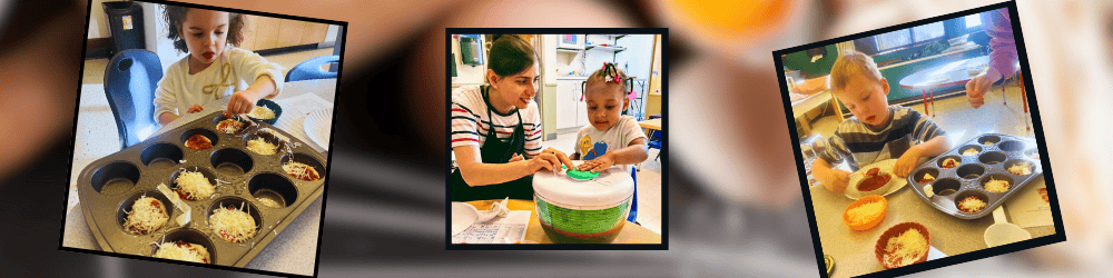 Children and an adult prepare food in a classroom, including topping mini pizzas in muffin tins and using a salad spinner.