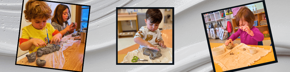Three children shape and mold clay at tables, each focused on their individual projects in a classroom setting.
