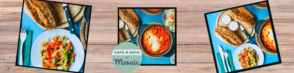 Three images of bread, salad, and a tomato-based dish on a wooden table, with a Café & Data by Mosaic logo in the center.