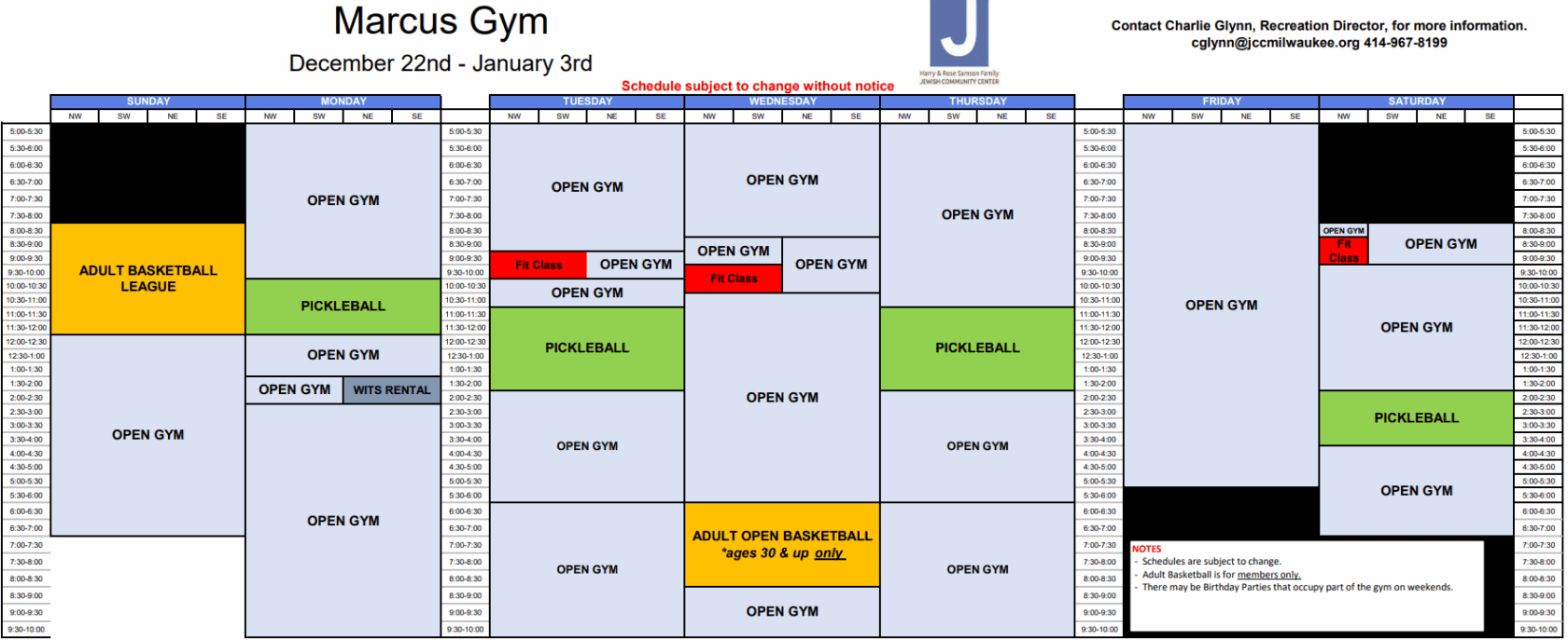 Schedule for Marcus Gym from December 22nd to January 3rd, showing gym availability for open gym, pickleball, adult basketball, and fitness classes by date and time.