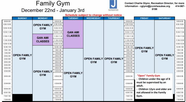 Weekly schedule for Family Gym from December 22nd to January 3rd, showing open gym times and Gan Ami classes; includes supervision and age policy notes.