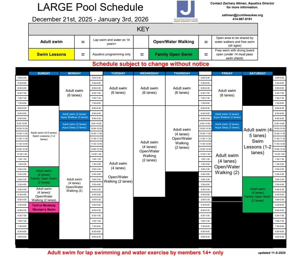 Pool schedule for December 21, 2025 to January 3, 2026, showing designated times for adult swim, swim lessons, open/water walking, and family open swim by day and hour.