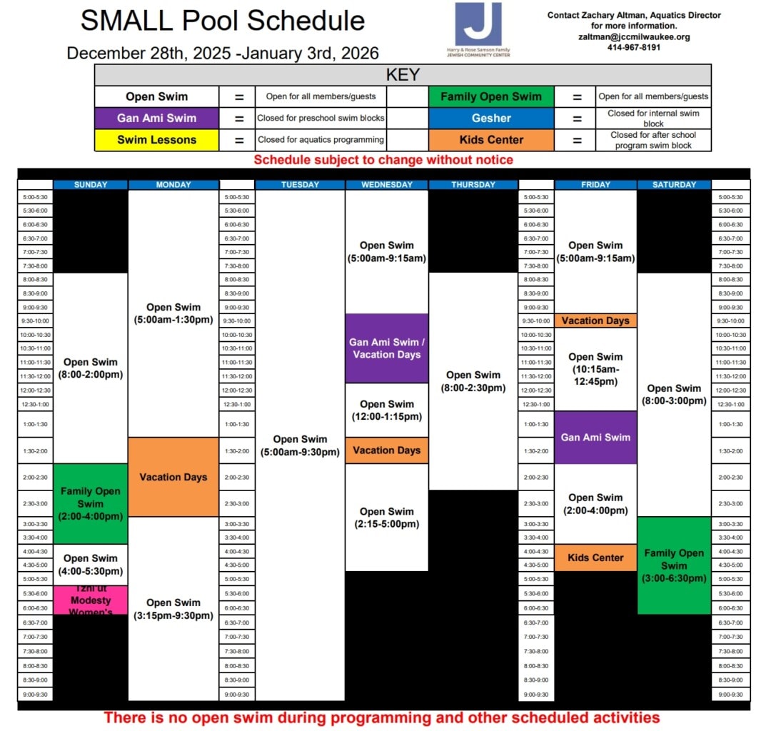 Weekly pool schedule chart showing open swim, family swim, Gan Ami swim lessons, vacation days, and special programming from December 28, 2025, to January 3, 2026.