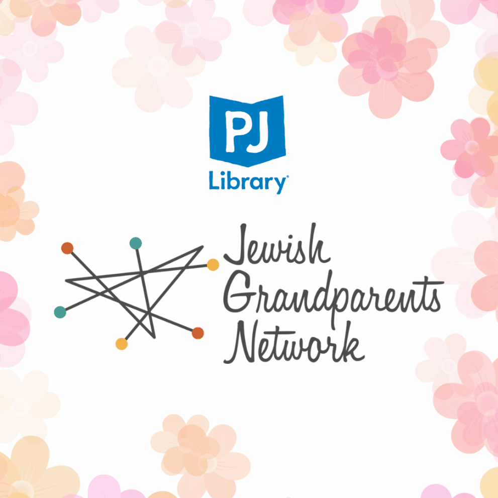 PJ Library and Jewish Grandparents Network logos with colorful dot-and-line graphic, surrounded by a border of pastel flower illustrations on a white background.