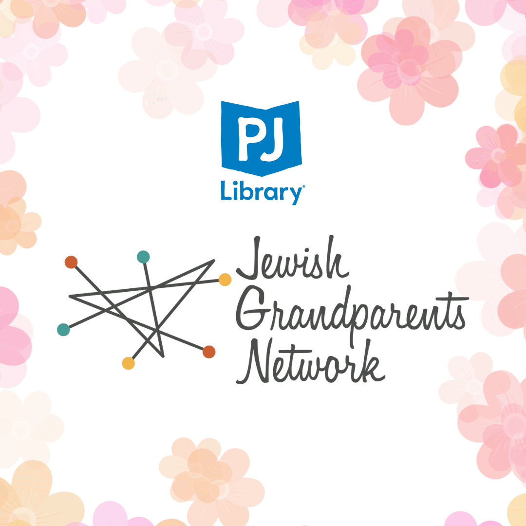 PJ Library and Jewish Grandparents Network logos with colorful dot-and-line graphic, surrounded by a border of pastel flower illustrations on a white background.