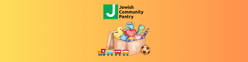 Jewish Community Pantry logo above an open box filled with toys, books, and school supplies, with a toy train and soccer ball in front. The background is an orange gradient.