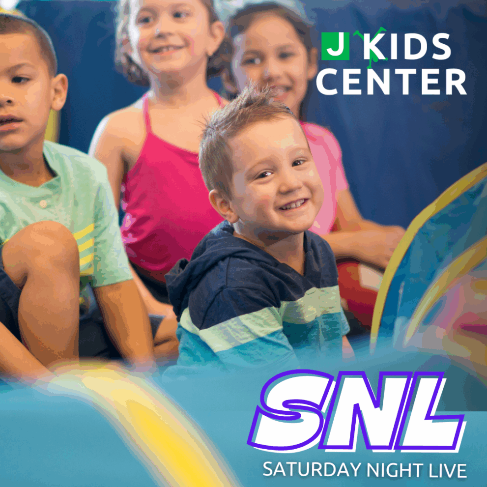 A group of young children sit and smile in a play area. Text reads "J Kids Center" and "SNL Saturday Night Live.
