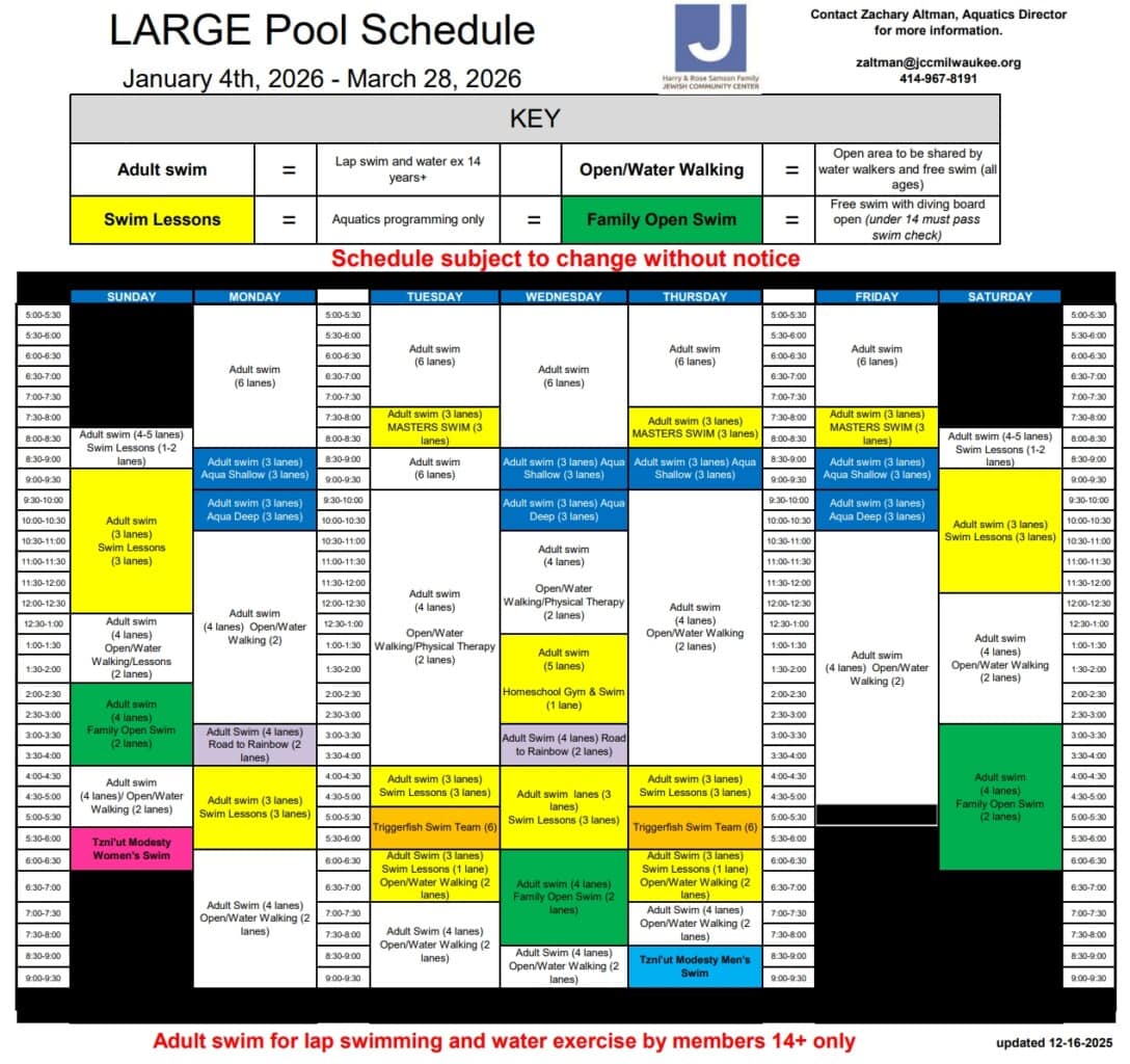 Large indoor pool schedule from January 4 to March 28, 2026, showing daily times for Adult Swim, Open Water/Walking, Swim Lessons, and Family Open Swim in color-coded blocks.
