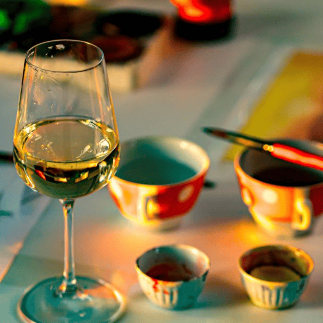 A glass of white wine is placed on a table surrounded by teacups, bowls, and other items in a softly lit setting.