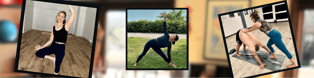 Three images show people practicing yoga: one poses indoors on one leg, one stretches outdoors, and two people do a partner pose with assistance in a studio.