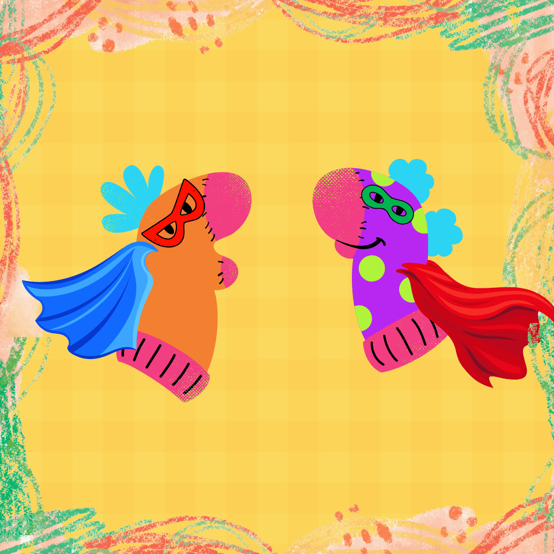 Two colorful sock puppets with capes and masks face each other against a yellow checkered background with a pastel border.