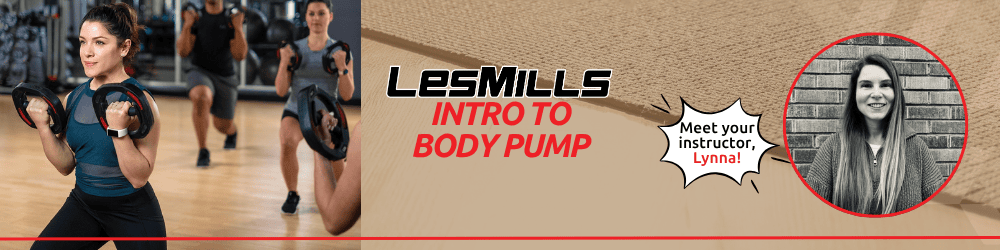 People lifting weights in a gym for a Les Mills Body Pump class; inset photo introduces the instructor, Lynna, with text inviting members to meet her.