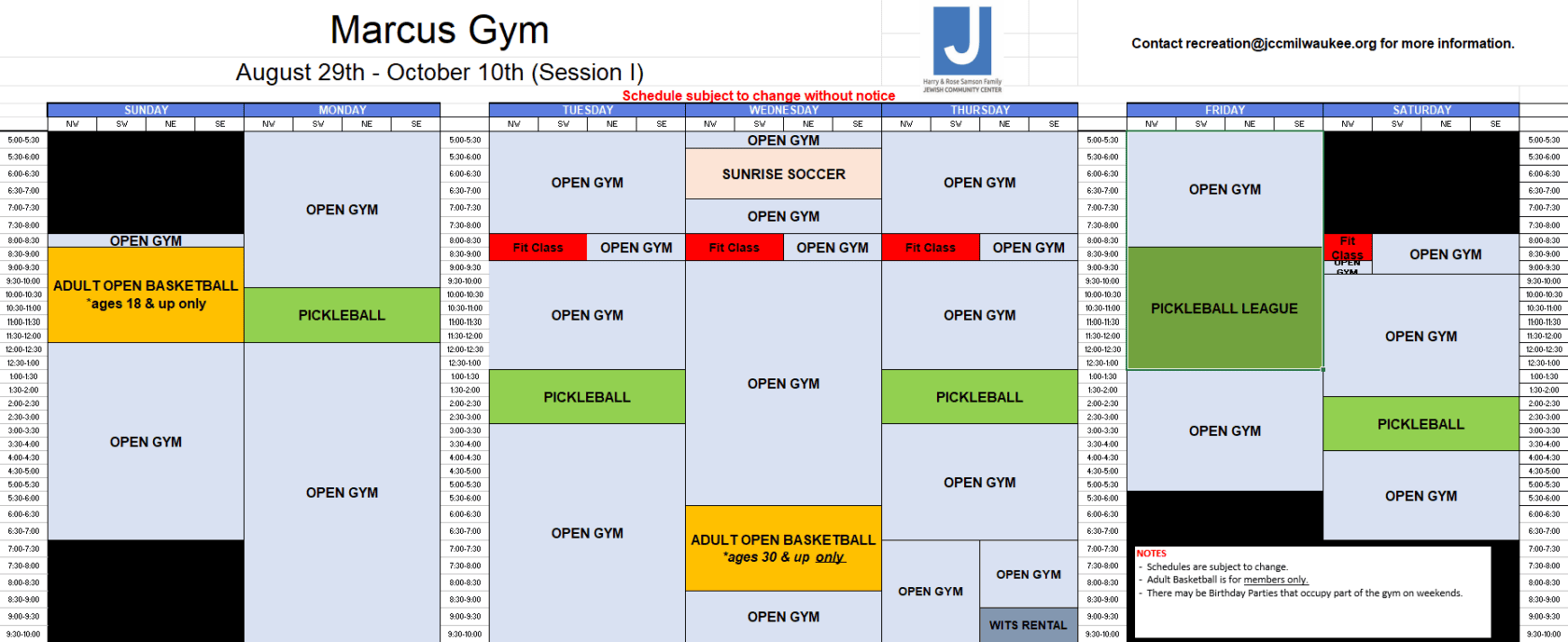 Marcus Gym schedule for Session I (Aug 29–Oct 10) shows open gym, sunrise soccer, adult basketball, RR classes, and pickleball league across daily time slots. Contact info and logo at top.