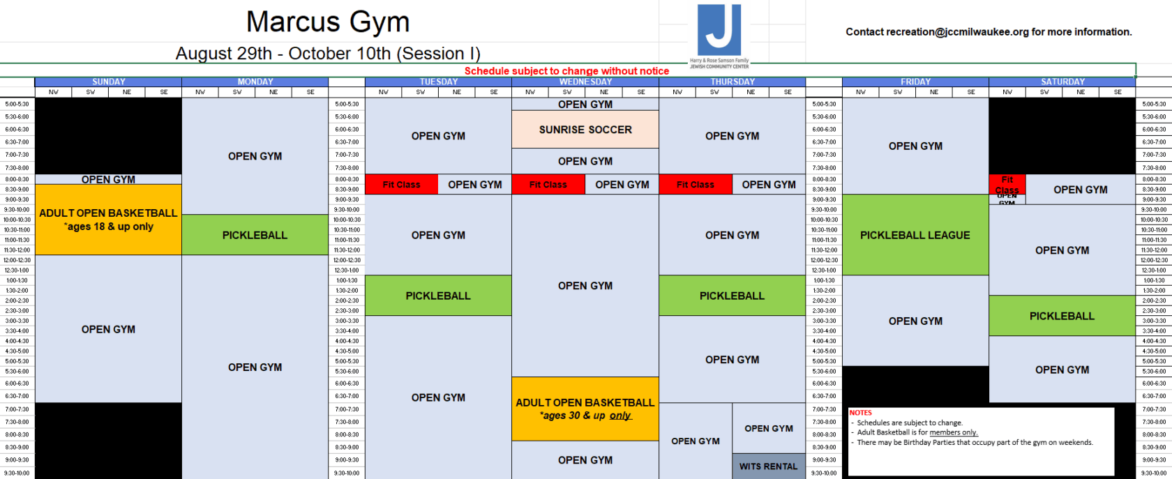 Marcus Gym schedule for August 29 to October 10 showing open gym, adult basketball, pickleball, soccer, Fit Circuit, and group fitness times across each day of the week.