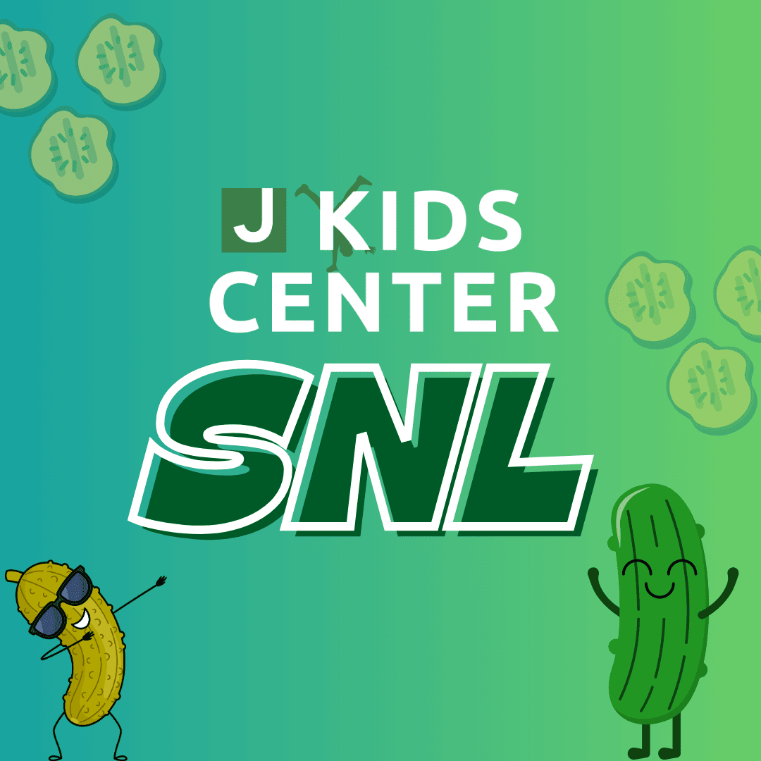 Green gradient background with sliced cucumbers, a dancing pickle wearing sunglasses, a smiling cucumber, and bold text reading “J Kids Center SNL.”.