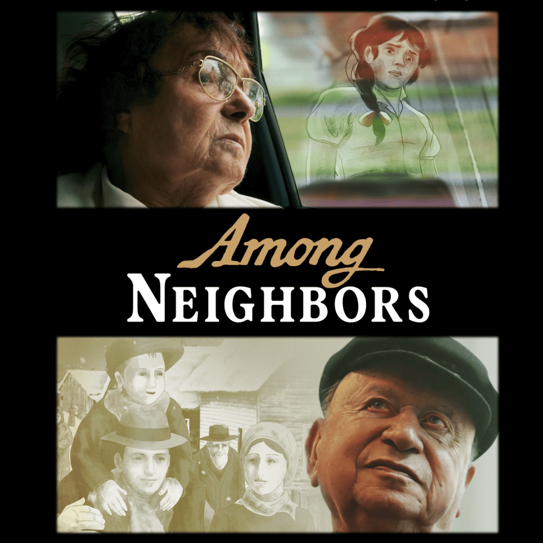 Among Neighbors“ film poster featuring an elderly woman and man alongside illustrated scenes of people from the past.